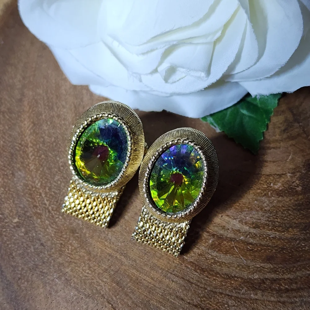 Vintage RARE Gold Tone Mesh Wrap Cufflinks Watermelon Glass Rivoli Gemstones